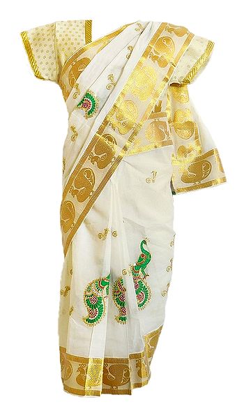 Embroidered  Ready to Wear Cotton Kasavu Sari for Young Girl
