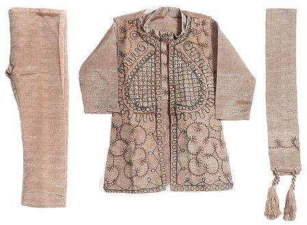 Light Brown Kurta Pyjama with Sequin, Bead Work and Embroidered Jacket with Dupatta