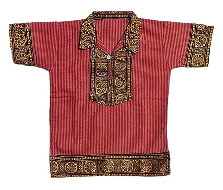 Red Stripe Half Sleeve Cotton Short Kurta with Wheel of Konark Weave Design