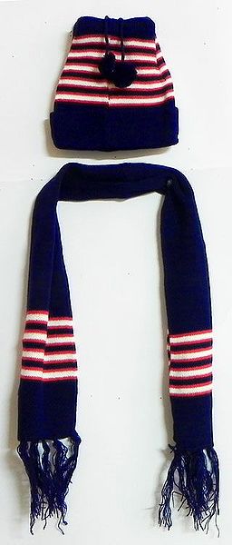 Dark Blue Woolen Scarf and Cap with Embroidered Penguins