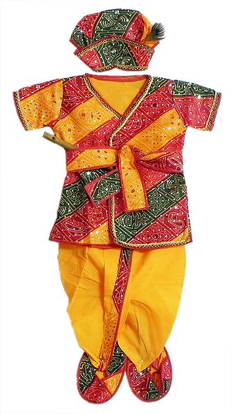 Yellow Cotton Pyjama Dhoti and Colorful Tie and Dye Kurta with Headress, Waistband, Cloth Shoe and Flute (This dress is Like that of Lord Krishna)