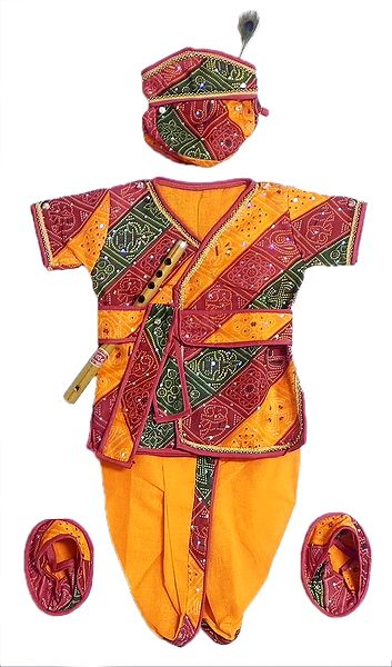 Yellow Cotton Ready to Wear Dhoti and Colorful Tie and Dye Kurta with Headress, Waistband, Cloth Shoe and Flute (This dress is Like that of Lord Krishna)