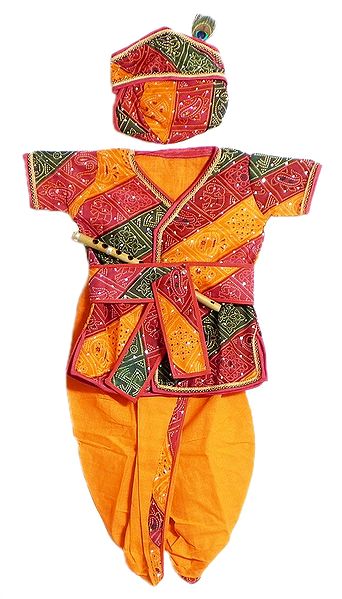 Yellow Cotton Ready to Wear Dhoti and Colorful Tie and Dye Kurta with Headress, Waistband, Cloth Shoe and Flute (This dress is Like that of Lord Krishna)