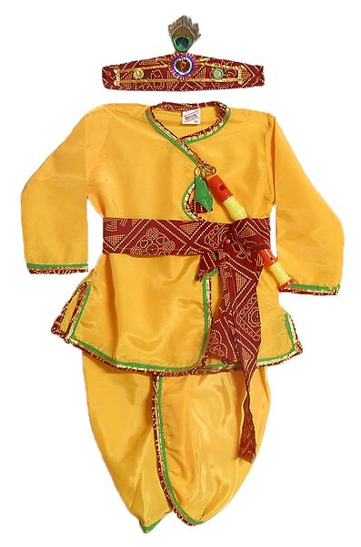 Golden Yellow Silk Dhoti (Pyjama type) and Kurta with Headress and Waistband  (This Dress is like Lord Krishna)