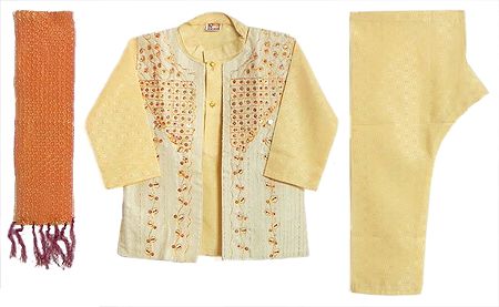 Light Cream Kurta, Pyjama, Sleeveless Jacket and Chunni with Sequin Embroidery