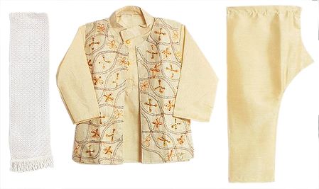 Light Cream Kurta, Pyjama, Sleeveless Jacket and Chunni with Sequin Embroidery