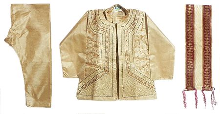 Embroidered Sleeveless Jacket with Kurta Pyjama and Maroon with Beige Net Chunni