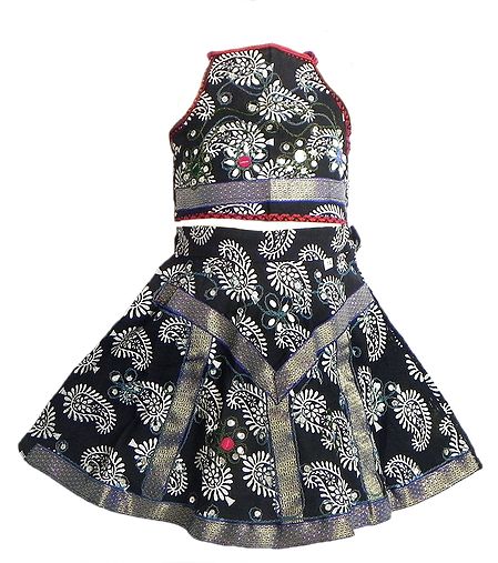 Black and White Paisley Print Lehenga and Halter Neck Choli with Bead and Sequin Work