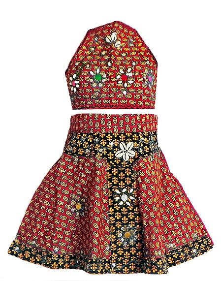 Red, Yellow and Black Printed Lehenga and Halter Neck Choli with Cowrie and Sequin Work