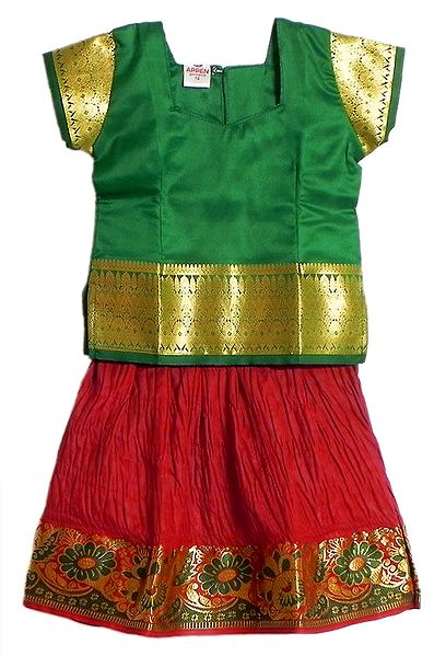 Golden with Red Silk Lehenga and Green Choli with Golden Zari Border