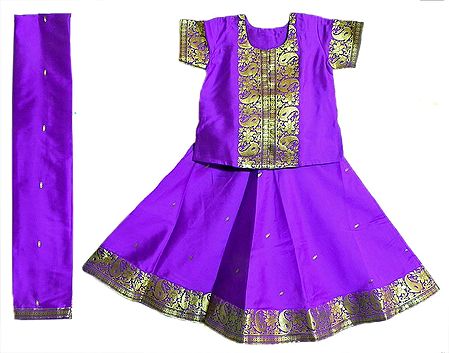 Purple Silk with Zari Border Lehenga Choli and Chunni