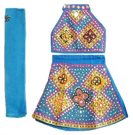 Blue with Yellow Appliqued Lehenga and Halter Neck Choli with Bead and Sequin Work Chunni