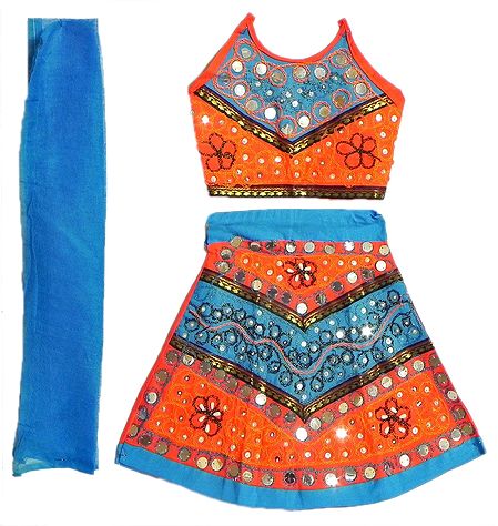 Blue with Saffron Lehenga, Halter Neck Choli and Blue Chunni with Sequin and Bead Work