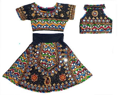 Black with Multicolor Ghagra Choli with an Additional Halter Neck Choli with Colorful Embroidery and Mirrorwork