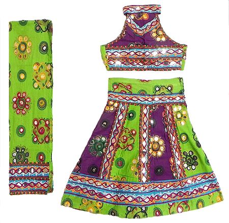 Green with Purple Ghagra, Halter Neck Choli and Green Dupatta with Colorful Embroidery and Mirrorwork