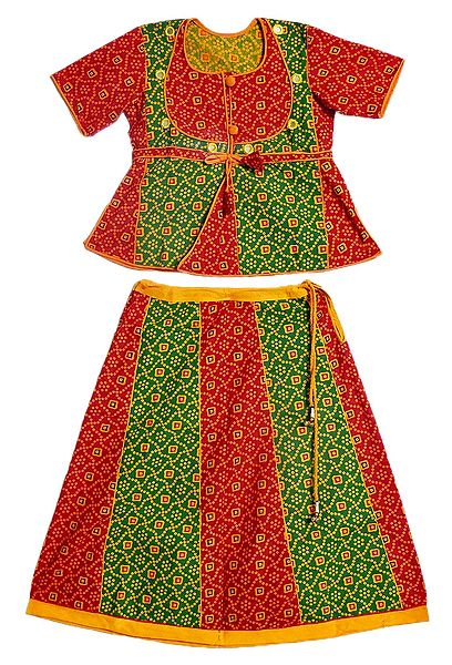Printed Red, Green and Yellow Ghagra, Choli
