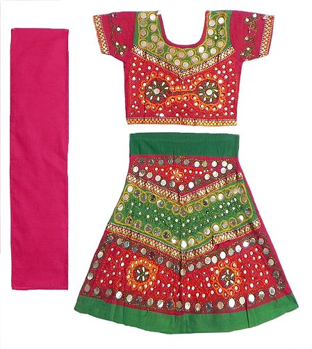 Embroidered Red and Green Ghagra, Choli with Bead and Sequin Work