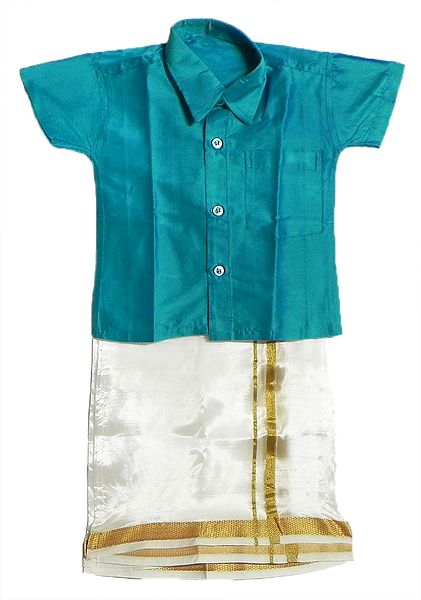 Ready to Wear White Kerala Lungi and Cyan Blue Shirt