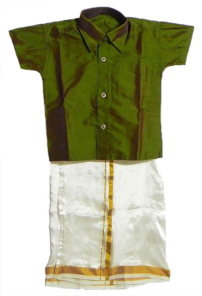 Ready to Wear White Kerala Lungi and Green Shirt