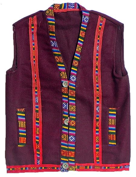 Maroon Kullu Sleeveless Woolen Jacket with Pocket from Himachal pradesh