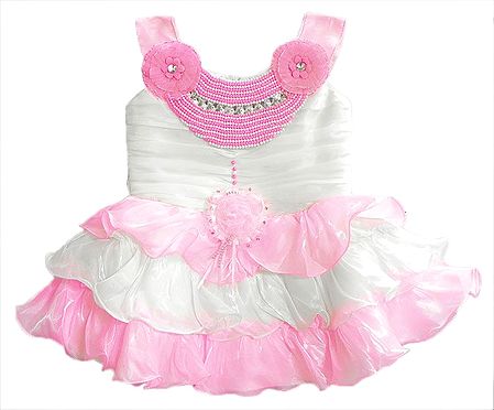 White and Pink Frilled Party Wear Dress with Stone and Bead Work