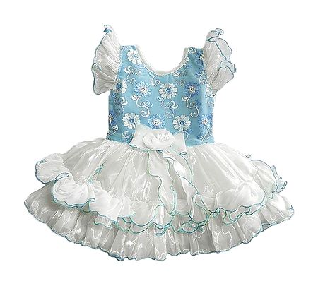 Embroidered Blue with White Frilled Party Wear Dress with Sequin work