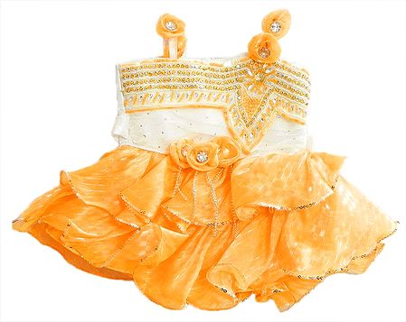 White with Yellow Frilled Party Wear Dress with Stone, Bead and Sequin work