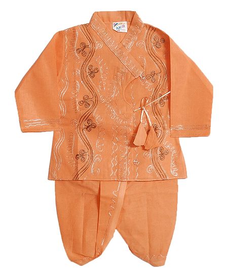 Embroidered Peach Cotton Kurta and Ready to Wear Dhoti for Baby Boy