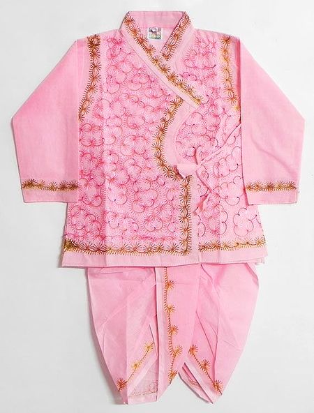 Embroidered Pink Full Sleeve Kurta and Pyjama Dhoti