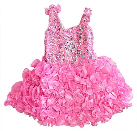 Pink Frilled Party Wear Frock with Sequin, Bead and Zari Work
