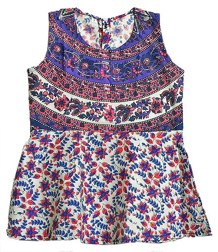 Purple and Pink Flower Print on White Cotton Frock
