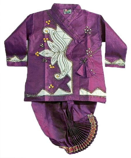 Embroidered White Appliqued Purple Kurta and Pyjama Dhoti 