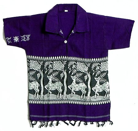 Dark Purple Half Sleeve Short Kurta with Baluchari Weave Design