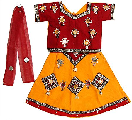 Red and Yellow Lehenga Choli and Chunni with Bead, Mirror and Sequin Work