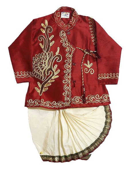 Embroidered Maroon Art Silk Kurta and Ready to Wear Off-White Dhoti