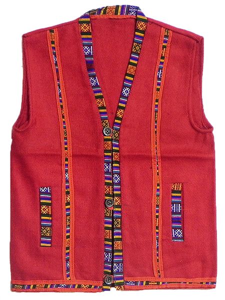 Red Kullu Sleeveless Woolen Jacket with Pocket from Himachal pradesh