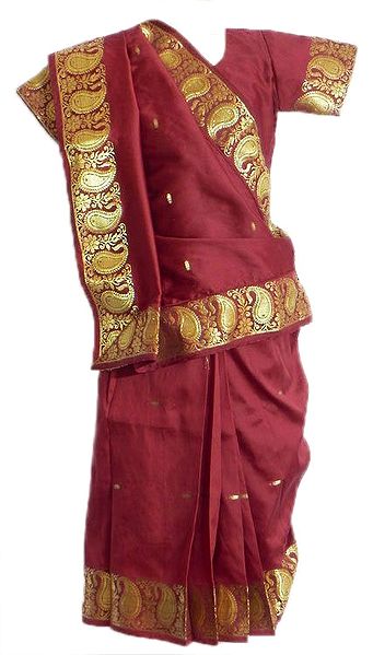 Maroon Silk Ready to Wear Saree with golden Zari Border and Pallu