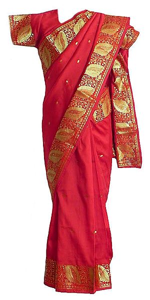 Red Silk Ready to Wear Saree with golden Zari Border and Pallu