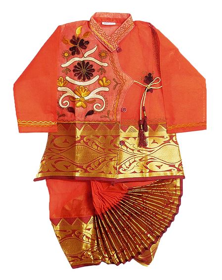 Embroidered Saffron Art Silk  Kurta and Dhoti with Wide Zari Border 