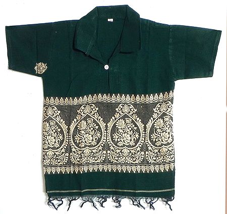 Dark Green Half Sleeve Short Kurta with Baluchari Weave Design