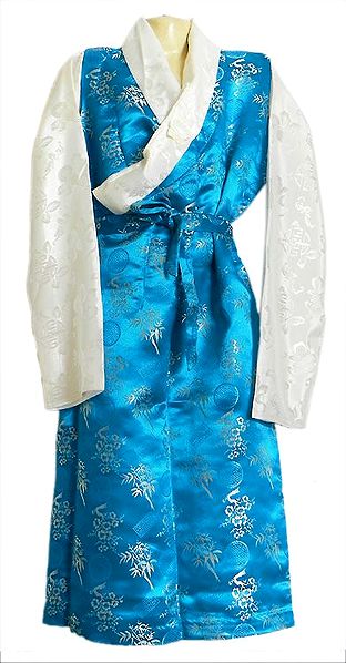 Cyan with White Brocade Silk Sikkimese Dress