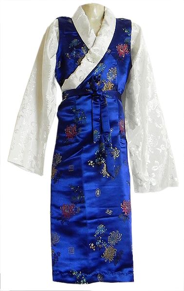 Blue with White Brocade Silk Sikkimese Dress