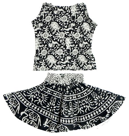 Black and White Printed Skirt with Halter Neck Choli