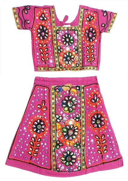 Magenta Ghagra Choli with Colorful Embroidery and Mirrorwork