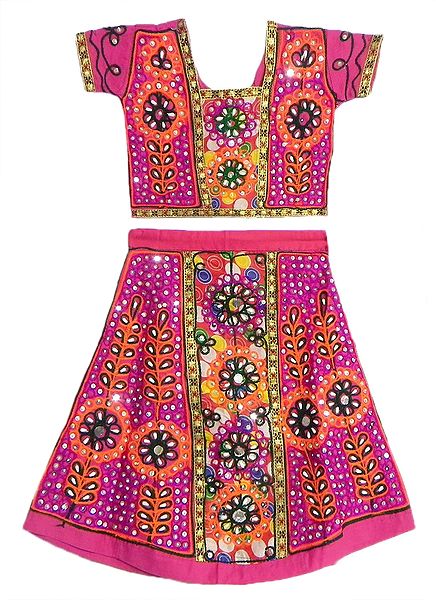Magenta Ghagra Choli with Colorful Embroidery and Mirrorwork