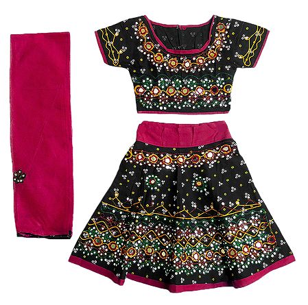 Multicolor Embroidery on Black Ghagra Choli and Red Chunni