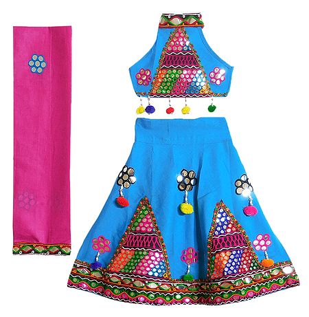 Multicolor Embroidery on Blue Ghagra Choli and Magenta Chunni
