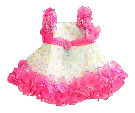 Pink Frilled Party Wear Multicolor Polka Dot Dress with Bead and Stone