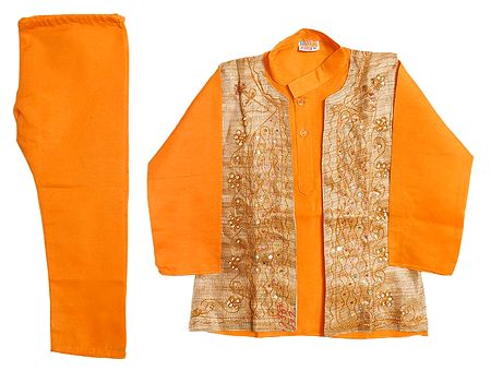 Embroidered Saffron Churidar Kurta with Jacket