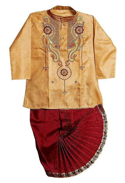 Embroidered Tussar Kurta and Ready to Wear Maroon Dhoti for Baby Boy 